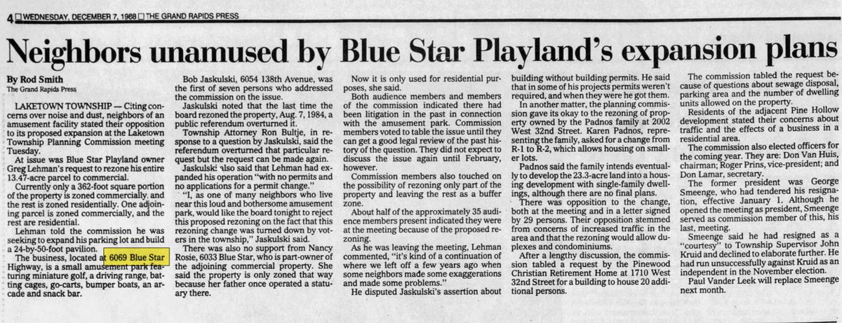 Blue Star Playland - Dec 7 1988 Article